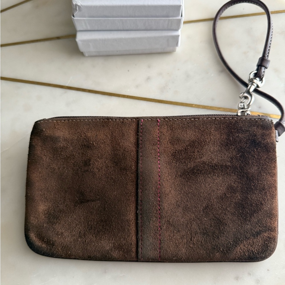Coach Vintage Brown Suede Women's Clutch Wristlet Pink Trim Interior - Picture 3 of 7